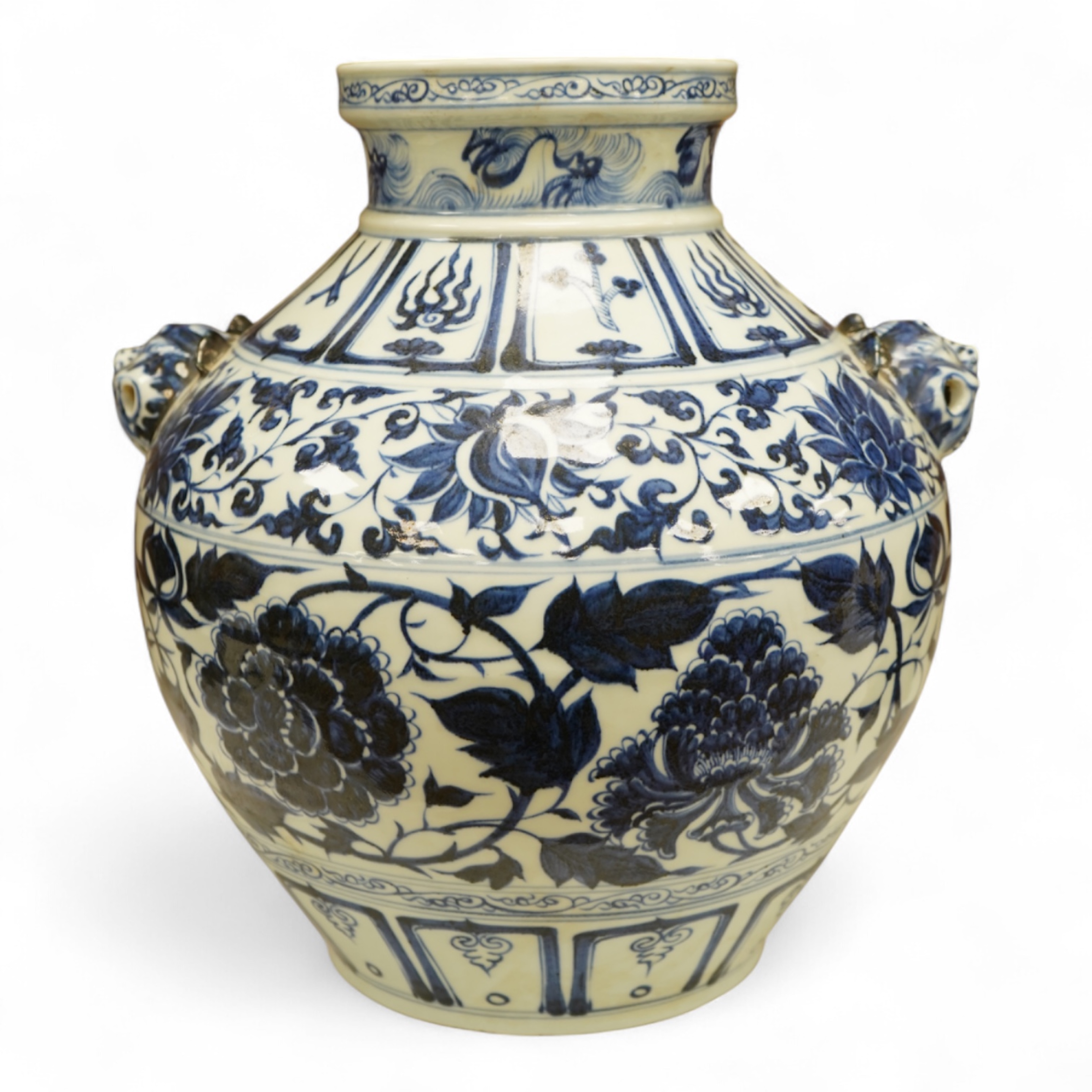 A Chinese blue and white pot vase with zoological handles, 38cm high